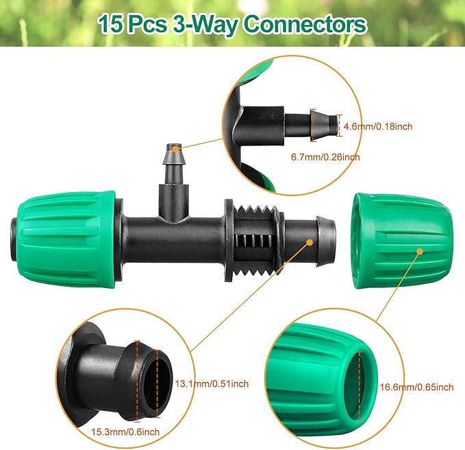 JAYEE Drip Irrigation Fittings, 15 Pcs Lock Barbed Tee for 1/2 to 1/4 Inch Vinyl Tubing, Drip Line Parts 3-Way Tees Irrigation Connectors for Drip Sprinkler Garden Lawn Systems, Green