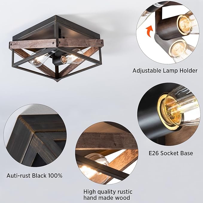 MAYNA 2-Light Rustic Ceiling Light Fixture, Farmhouse Flush Mount Ceiling Light, Metal and Wood Square Ceiling Lamp for Hallway Living Room Farmhouse, Antique Bronze Finish