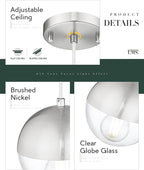 LMS 6-inch Industrial Pendant Light, Brushed Nickel Hanging Light Kitchen Island with Clear Globe Glass, Adjustable Hanging Pendant Light Fixtures for Dining Room Living Room Guest Room, LMS-186BNCS