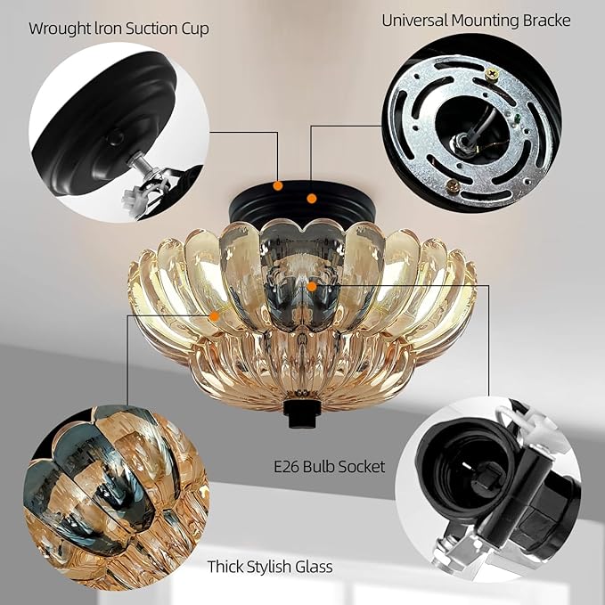 Semi Flush Mount Ceiling Light,Modern Brown Ceiling Light Fixture with Clear Glass for Living Room Hallway Close to Ceiling Light Fixture,Kitchen Lighting Fixtures Ceiling,Bulbs Not Included