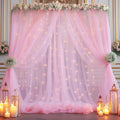 30×10ft Pink Tulle Backdrop Curtain with Lights String for Parties, Sheer Photo Backdrop Curtains for Wedding Party Photography Background