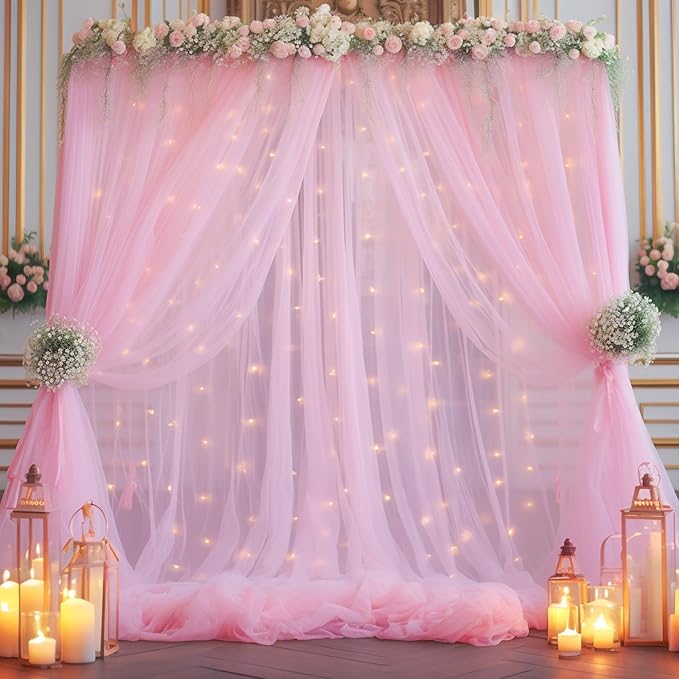 30×10ft Pink Tulle Backdrop Curtain with Lights String for Parties, Sheer Photo Backdrop Curtains for Wedding Party Photography Background