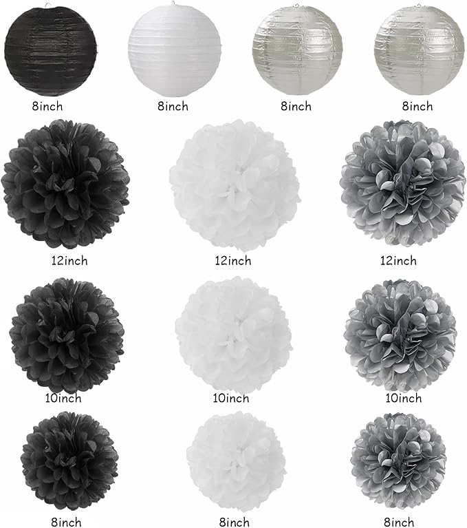 Black White Silver Party Decorations - 20pcs New Year Men Birthday Paper Lanterns Fans,Tissue Pom Poms,Honeycomb Balls,Bunting,Wedding Bachelorette Bridal Graduation Baby Decor Burgleda