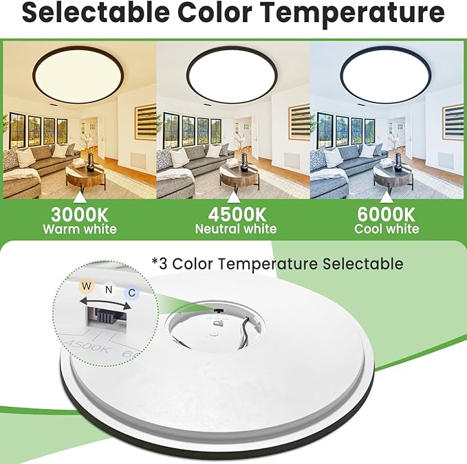 zemty 2Pack 20 inch LED Flush Mount Ceiling Light, 50W 5000lm Large Light Fixture, 3 Color Temperature in One 3000k 4500k 6000K Round Modern Ceiling Lamp for Bedroom Kitchen Dining Room (Black)