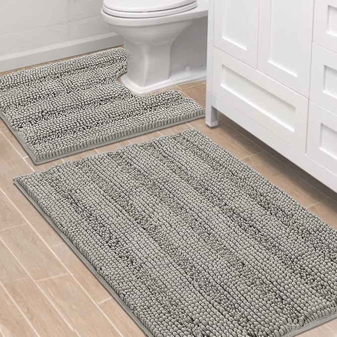 H.VERSAILTEX Bathroom Rugs Bath Rug Set 2 Piece Bathroom Contour Rug Toilet Mat Sets Non Slip Contour Bath Rug Ultra Thick Water Absorbent Striped Bath Mats Washable(36" x 24" Plus 20" x 24" U, Dove)