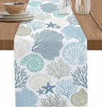 Coastal Coral Cotton Linen Table Runner for Dining Kitchen, Wedding Outdoor Party Tablerunners Decoration, Blue Nautical Starfish Ocean Shell Beach Dresser Scarf Coffee Tablecloth Runners 13''x120''