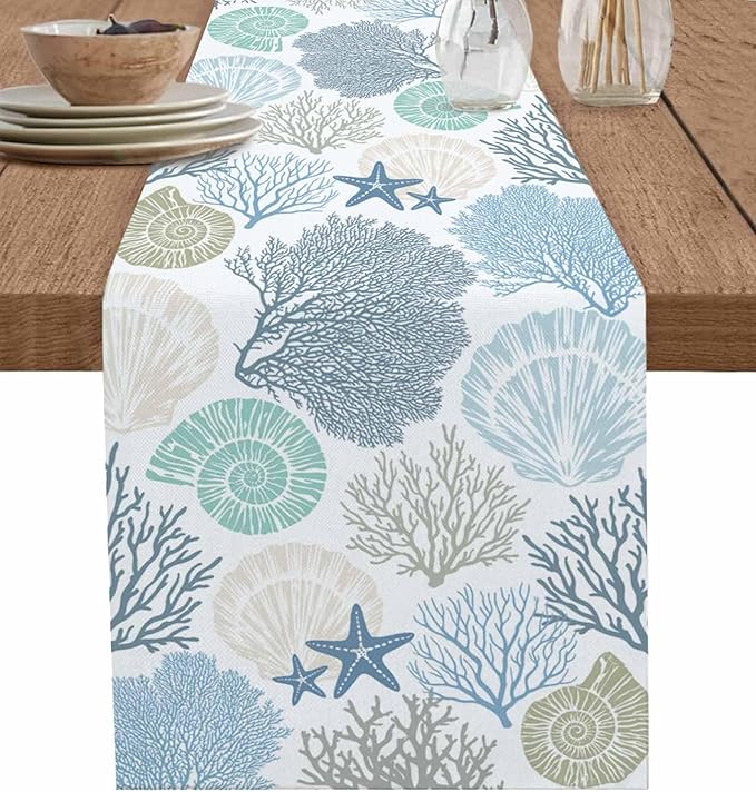 Coastal Coral Cotton Linen Table Runner for Dining Kitchen, Wedding Outdoor Party Tablerunners Decoration, Blue Nautical Starfish Ocean Shell Beach Dresser Scarf Coffee Tablecloth Runners 13x36 Inches