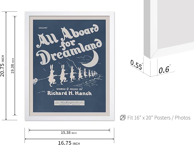 Poster Master All Aboard For Dreamland - Retro Children's Lullaby Print - Story Book Art - Bunny and Rabbit - Aesthetic Kid's Bedroom or Nursery Wall Decor, 16x20 White Framed