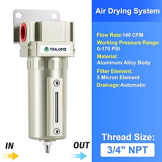 TAILONZ PNEUMATIC 3/4" NPT Industrial Grade Heavy Duty Particulate Air Filter with Metal Bowl - Paint Spray Compatible, Manual Drainage System