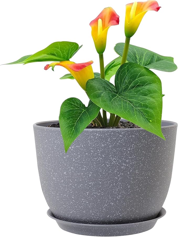Plant Pots 12 inch, Plastic Planters with Drainage Holes and Saucers, Large Flower Pots for Indoor Outdoor Plants, Modern Decorative Pots for Garden House Plants, Speckled Grey