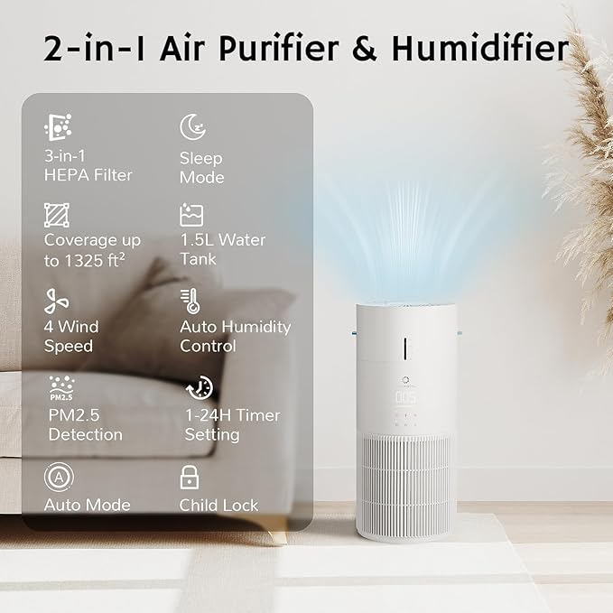 Airthereal 2 in 1 Air Purifier with Humidifier for large room up to 1325 ft², with 3-Stage Filters, Air Quality Monitor and Quiet Sleep Mode, Evaporative Humidifier with Auto Humidity Control, AEH300