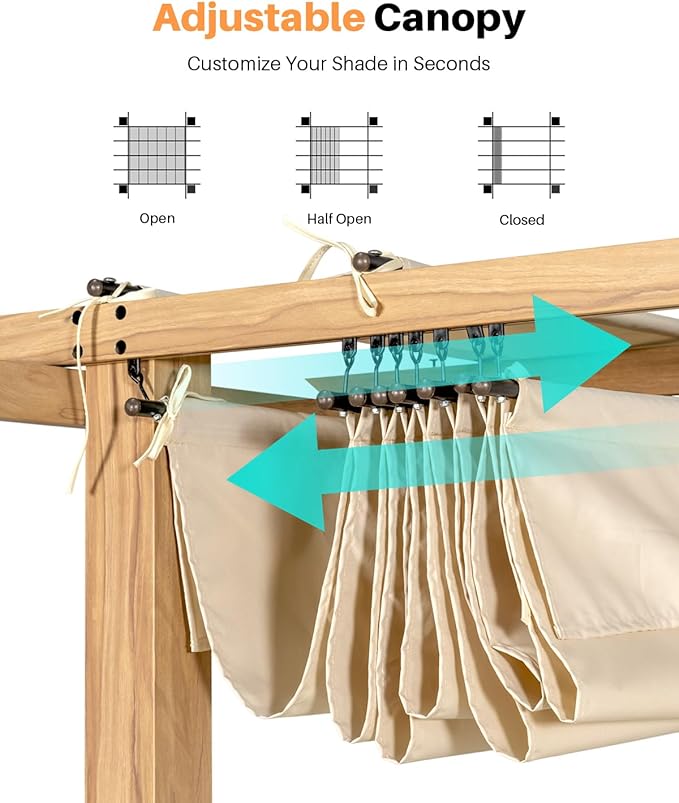 10' X 10' Faux Wood Grain Aluminum Outdoor Retractable Pergola Canopy, Patio Pergola Outdoor Pergola with Sun Shade Canopy, Metal Gazebo with Adjustable Canopy Roof for Backyard Beach, Beige
