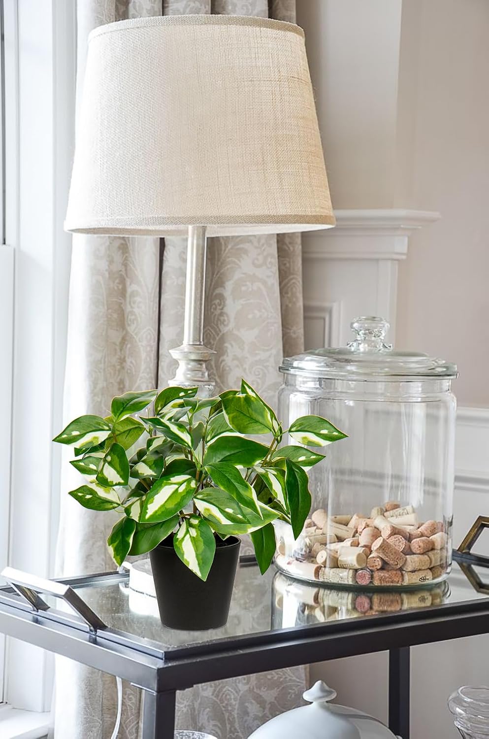 Artificial Plants Indoor Small Fake Plants in Pots Faux Pothos N‘ Joy Potted Plant Fake Indoor Plants with Black Pots for Bathroom Living Room Office Desk Shelves
