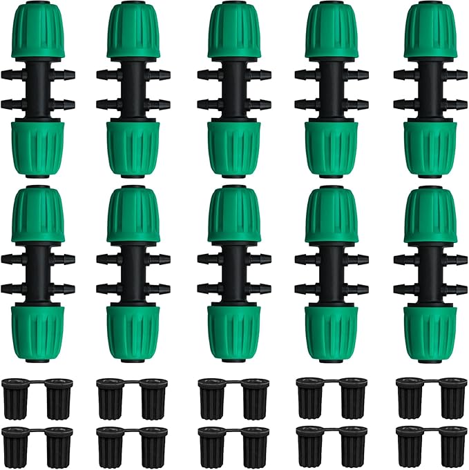 JAYEE Drip Irrigation Fittings, 10 Pcs Lock Barbed Tee for 1/2 to 1/4 Inch Vinyl Tubing, Drip Line Parts 6-Way Tees Irrigation Connectors for Drip Sprinkler Garden Lawn Systems, Green