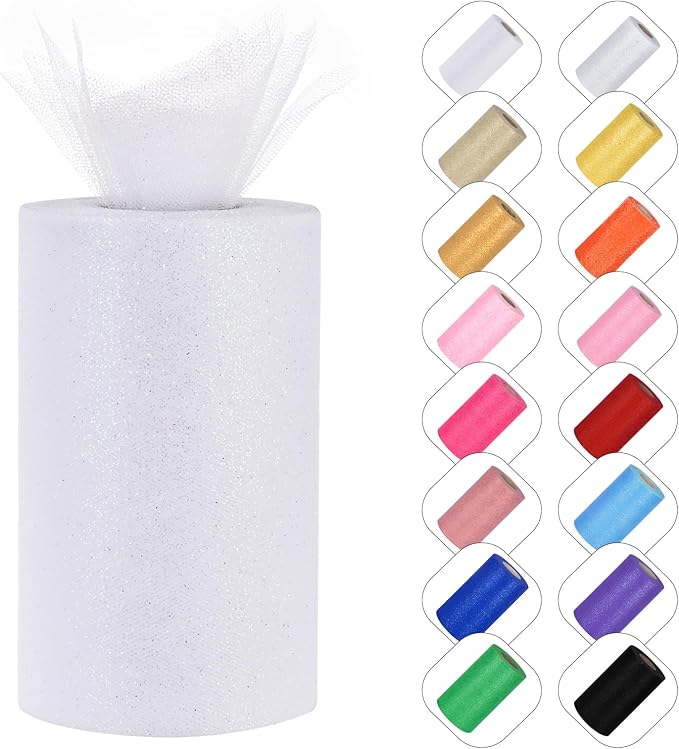 Glitter Tulle Rolls 6” by 50 Yards Sparkle Tulle Fabric Ribbon Sequin Tulle Netting Rolls for DIY Tutu Skirt Wedding Birthday Party Decoration (White/Color)