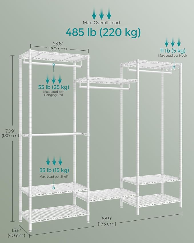 SONGMICS Portable Wardrobe Closet Heavy Duty Clothes Rack, Freestanding Closet Organizer, Metal Garment Rack with Adjustable Wire Shelves, Hanging Rods, Hooks, Dividable, Cloud White ULGR431W01