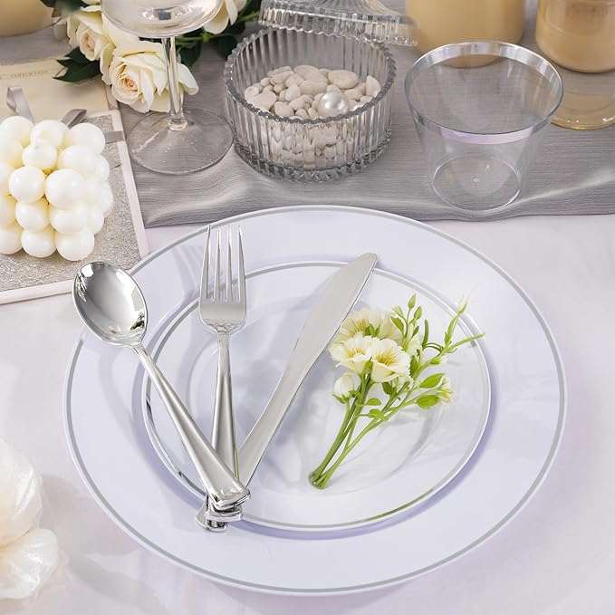 SUT 175 Pcs Silver Plastic Dinnerware Set for 25 Guests, Include: 25 Dinner Plates, 25 Dessert Plates, 25 Pre Rolled Napkins With Silver Silverware, 25 Cups, Disposable Plates for Wedding, Party