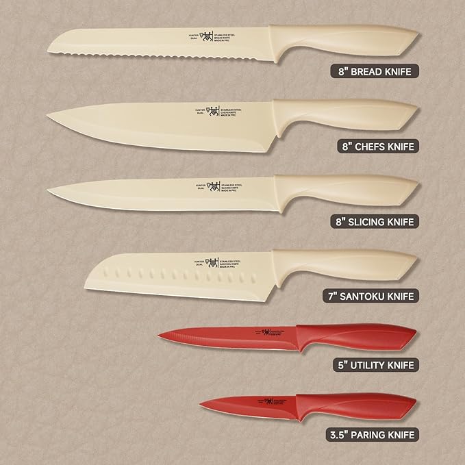 Knife Set, 12-PC Colorful Kitchen Knife Set, 6 Sharp Kitchen Knives with Covers for Cooking, Cutting&Chopping (Beige)