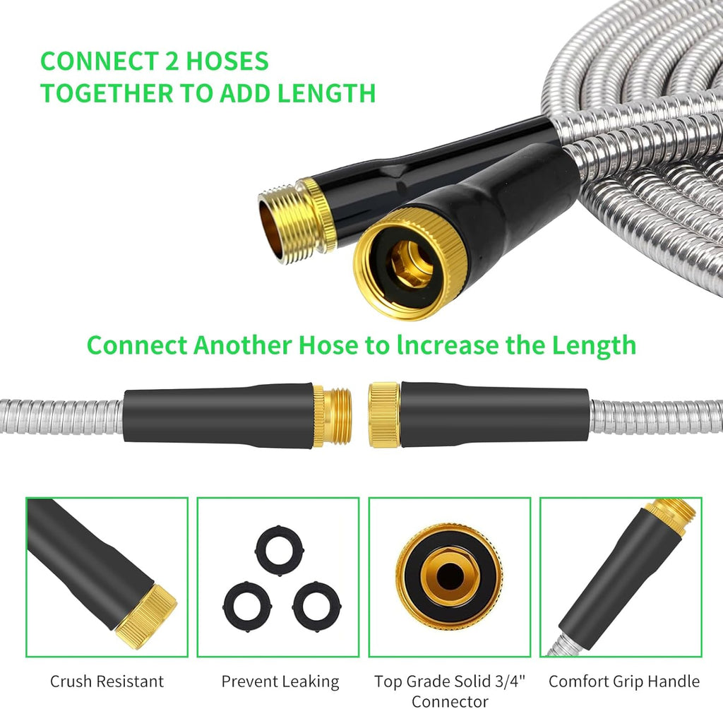 Stainless Steel Metal 25FT Garden Hose Lightweight, Puncture & Rust Proof Heavy Duty Water Hose for Yard, RV, Garden, Outdoor
