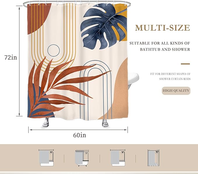 Glawry Abstract Tropical Shower Curtain Watercolor Navy Blue Brown Boho Palm Leaf Simple Minimalist Chic Bathroom Modern Botanical 60Wx72L Inches Bath Accessories Art Home Decor Fabric 12 Pack Hooks