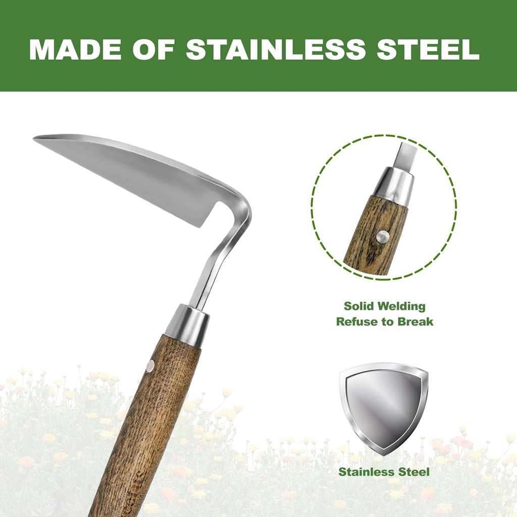 Haliaeetus Gardening Sickle Hoe, Japanese Bent Angle Weeding Sickle, Stainless Steel Weed Hoe Scraper, 13'' Gardening Hand Hoe with Ergonomic Wood Handle for Weeding, Loosening Soil and Cultivating