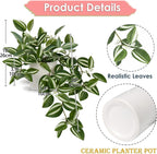 Fake Hanging Plants, 20 Inch Artificial Ivy Plant in Ceramic Pot Faux Vine Potted for Home Bedroom Office Table Shef Desk Indoor Outdoor Decor (Green/White)