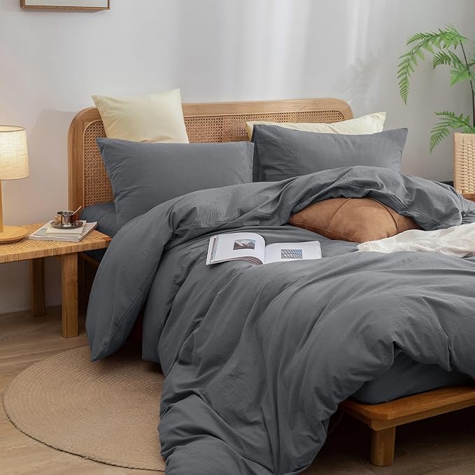 BESTOUCH Duvet Cover Set 100% Washed Cotton Linen Feel Super Soft Comfortable Chic Lightweight 3 PCs Home Bedding Set Solid Quiet Shade Grey King