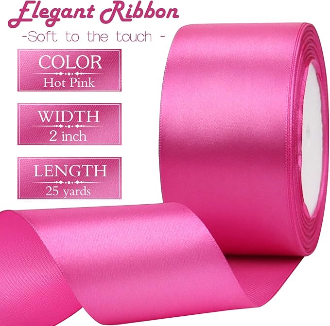 Hot Pink Solid Satin Ribbon 2 Inch 25 Yards Solid Polyester Fabric Ribbon for Gift Wrapping Wedding Christmas Baby Shower Birthday Party Decoration Handmade Immortal Flower Craft