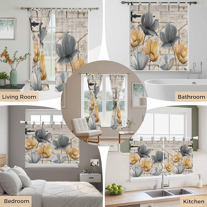 Spring Tulips Flower Kitchen Curtains 36 Inch Length, Small Window Curtains Tab Top, Vintage Floral Barn Doors Rustic Beige Light Filtering Short Window Treatments Tier Drapes 27.5"x36" 2 Panel