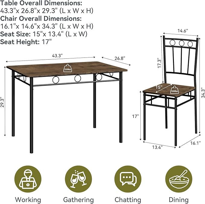 5 Piece Dining Table Set, Wood Kitchen Table and Chairs for Small Space,Breakfast Nook,Easy Assembly,Brown