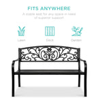 Best Choice Products Outdoor Bench Steel Garden Patio Porch Furniture for Lawn, Park, Deck w/Floral Design Backrest, Slatted Seat - Black