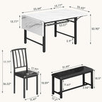 Lamerge 4-Piece Dining Table Set for 3-6 People, 63" Extendable Kitchen Table Set with 1 Bench and 2 Backrest Chairs, Faux Marble Table Square Dining Table Set with Drop Leaf for Small Space