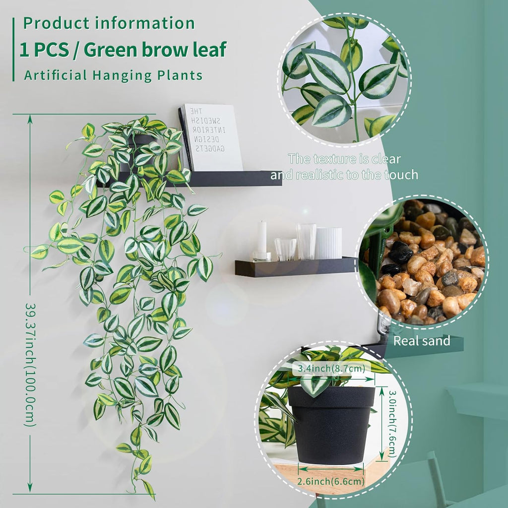 LOYWREE 3 Pack Fake Hanging Plants - Small Potted Plants with Green Eyebrow-Leaf Trailing Vines, Indoor Outdoor Aesthetic Decor for Office, Living Room Shelf & Home Accent (Black Pot)
