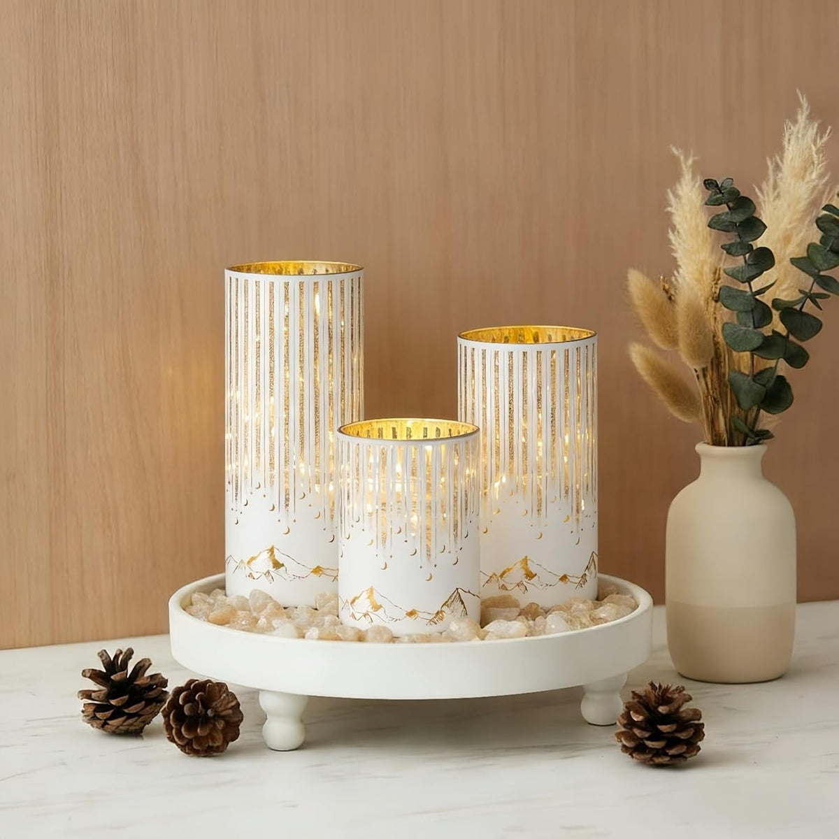 Starry Night Hurricane Candleholders with Warm LED Lights & Remote Timer, Elegant Twinkling Decorative Centerpieces for Wedding, Dining Table, Living Room, Mantel Décor, Set of 3 (White)