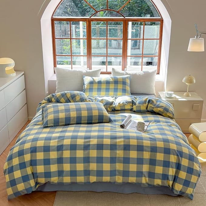 FACE TWO FACE Bedding Duvet Cover Set100% Washed Cotton Duvet Cover Linen Like Textured Breathable Durable Soft Comfy (King, Blue Yellow Grid)