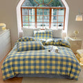 FACE TWO FACE Bedding Duvet Cover Set100% Washed Cotton Duvet Cover Linen Like Textured Breathable Durable Soft Comfy (King, Blue Yellow Grid)