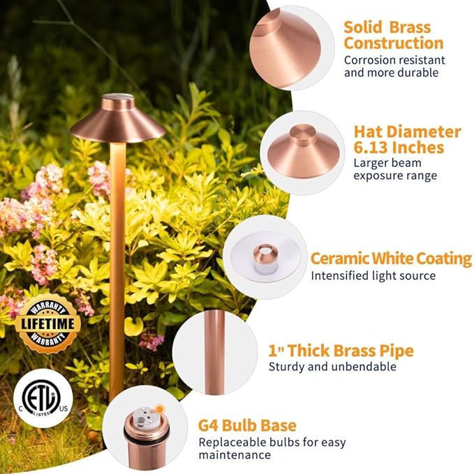 Waterproof Low Voltage Walkway Lights, Brass Copper Outdoor Pathway Light, IP65 LED Bronze Hat Top Sideway Lamp for Driveway Backyard Patio with 3W 270LM 4000K G4 Bulb 12 Pack