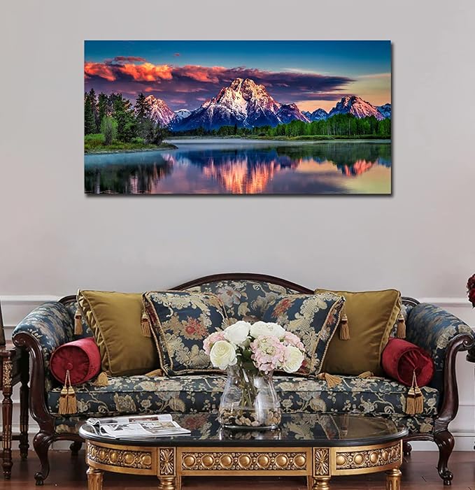 Sunset Landscape Canvas Wall Art for Living Room Grand Teton Wyoming National Park Picture Wall Decor Snake River Mountain Forest Nautre Prints Artwork Bedroom Bathroom Office Home Decor 29" X 58"
