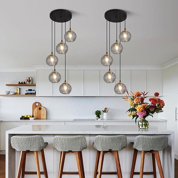 KCO Lighting Round Glass Pendant Lighting 5 Light Farmhouse Cluster Chandelier Black Kitchen Pendant Lighting Smoke Glass Cluster Pendant Light Mid Century Modern Globe Chandelier