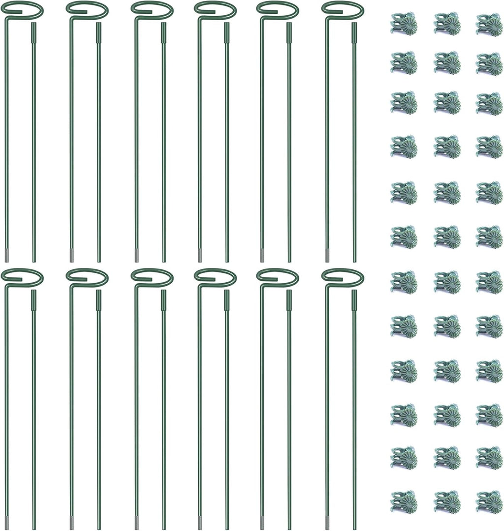 4.5mm Adjustable Length Plant Stake, Assembled (12 or 24 inch) Outdoor and Indoor Plant Support Poles for Flowers Marigolds Tomatoes Lilies Peonies Roses Daffodils Flower Clips (12 Sets, 36 Pcs)