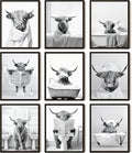 SEHSUVC Funny Bathroom Cow Posters Wall Art Set of 9, Black and White Highland Cow Canvas Wall Decor Painting, Humor Animals Pictures Prints for Bedroom Bathroom Childrenroom 8x10In Unframed