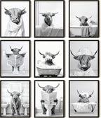 SEHSUVC Funny Bathroom Cow Posters Wall Art Set of 9, Black and White Highland Cow Canvas Wall Decor Painting, Humor Animals Pictures Prints for Bedroom Bathroom Childrenroom 8x10In Unframed