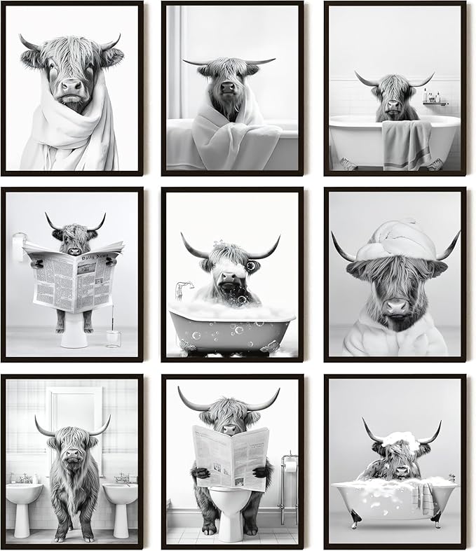 SEHSUVC Funny Bathroom Cow Posters Wall Art Set of 9, Black and White Highland Cow Canvas Wall Decor Painting, Humor Animals Pictures Prints for Bedroom Bathroom Childrenroom 8x10In Unframed