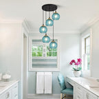 KCO Lighting Modern Blue Glass Chandelier Globe Cluster Pendant Light Black and Gold Kitchen Pendant Lighting Nordic Ribbed Glass Pendant Light Large Round Chandelier