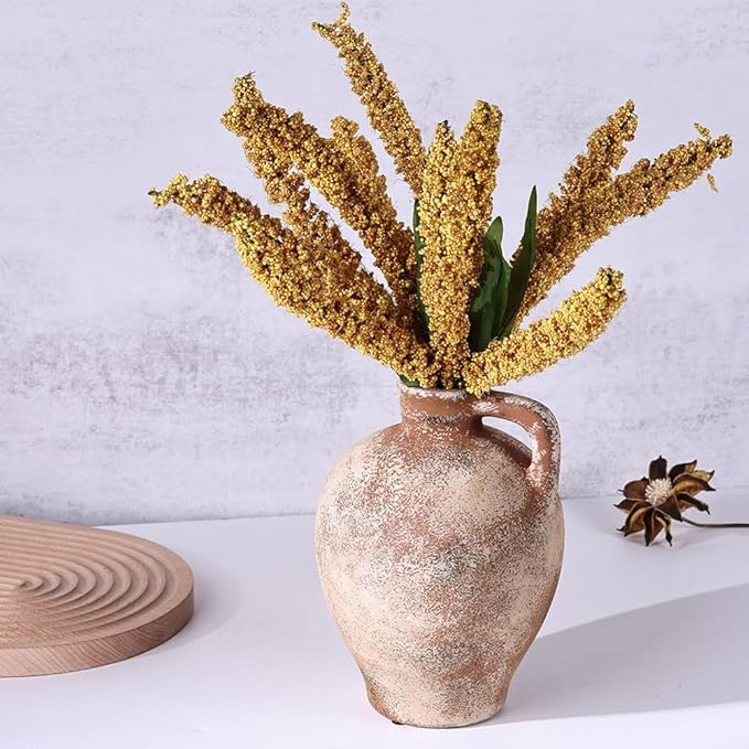 Rustic Farmhouse Ceramic Vase, 8.3" Tall Vintage Pottery Vases, Terracotta Decorative Boho Pampas Flower Vase, Suitable for Home Decor Living Room Entryway Table Bookshelf Mantle Shelf Decor