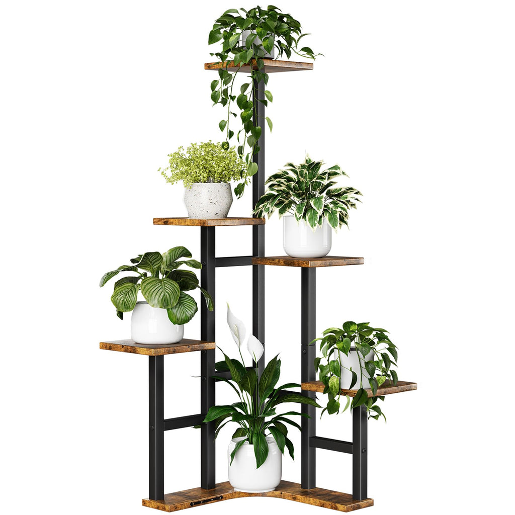 Yzosvki Corner Plant Stand Indoor, 6 Tiered Corner Plant Shelf Flower Stand for Multiple Plants, Plant Shelves Organizer Rack for Living Room, Balcony, Patio, Garden, Square Rustic Brown