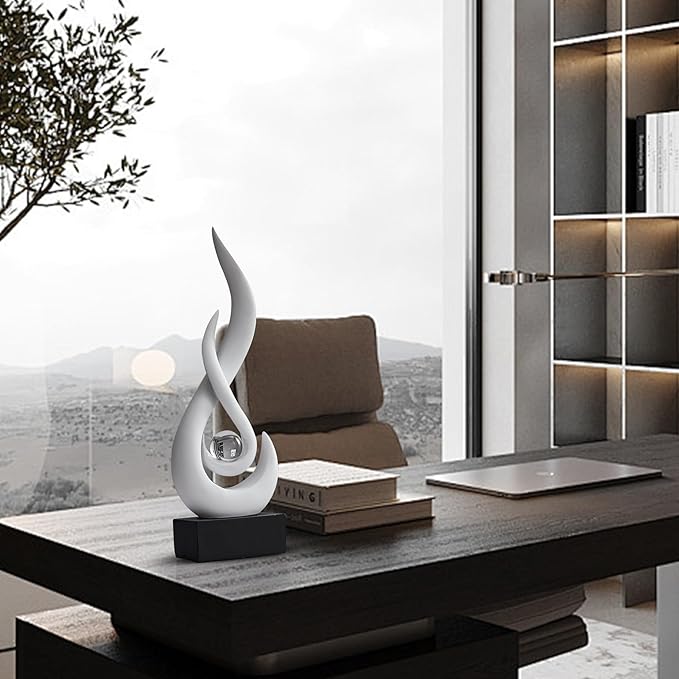 AWNR Abstract White Sculpture Decor: Flame Statue with Glass Ball Resin Art Figurines Unique Centerpiece Table Decorations Modern Home Decor Living Room TV Stand Coffee Table Office Decor
