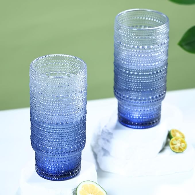 6pcs Hobnail Drinking Glasses Set, 16 oz Vintage Glassware Drinking Glasses, Gradual Gray-blue Water Glasses Tumbler, Cups for Kitchen, Juice, Beer, Cocktail, Whiskey