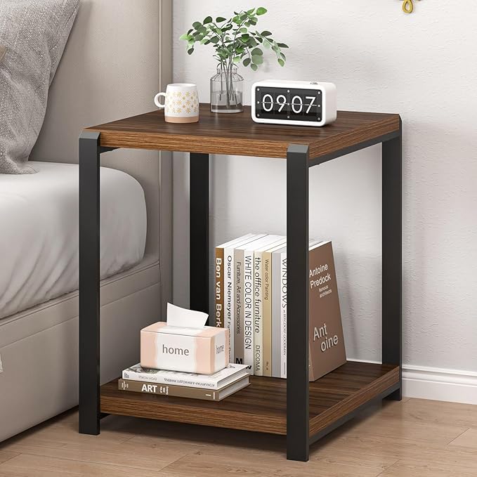 FOLUBAN Modern End Table, Square Side Table with Storage Shelf for Living Room, Rustic Wood Night Stand for Bedroom, Walnut