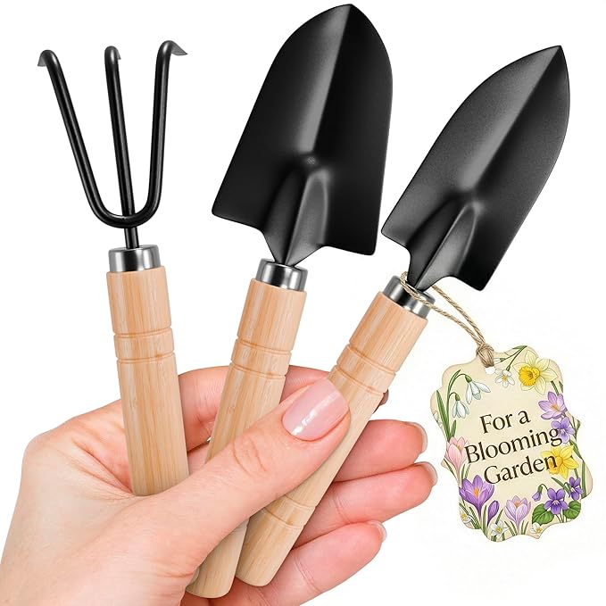3 Pcs Mini Gardening Tools – Mini Garden Tools Set with 2 Small Shovels (Narrow and Wide) & Hand Rake, Rustproof Metal Build, Ergonomic Wooden Handles – Potting & Transplanting Kit for Indoor Plants